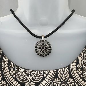 Chaps Braided Cord Necklace with a Circle of Black Stones Pendant